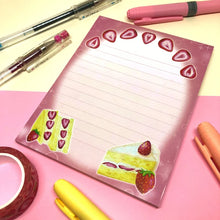 Load image into Gallery viewer, Sweet Strawberry Memo Pad, 4.25 x 5.5 inches, cottagecore notepad, kawaii cute stationery, journaling planner supplies, fruit art
