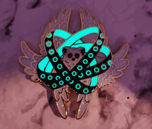 Load image into Gallery viewer, Biblical Furby Ophanim Thrones Inspired Angel Glow Glitter Enamel Pin
