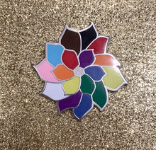 Load image into Gallery viewer, Pride Succulent Enamel Pin: Progress Pride Flag Echeveria Hard Enamel Pin 1.5&quot; Perfect for the queer plant person in your life!
