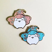 Load image into Gallery viewer, Cherry Blossom Froggy Witch Enamel Pin: Pink or Blue
