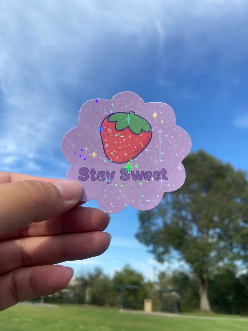 Stay Sweet Strawberry Sticker - Cute Sparkle Vinyl Sticker