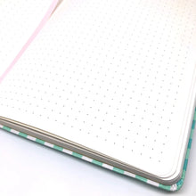Load image into Gallery viewer, Froggy Hardcover Journal, A5 leatherette bullet journal, kawaii planner, green gingham notebook, cottagecore froggy, cute frog illustration
