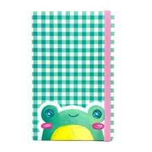 Load image into Gallery viewer, Froggy Hardcover Journal, A5 leatherette bullet journal, kawaii planner, green gingham notebook, cottagecore froggy, cute frog illustration
