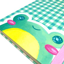 Load image into Gallery viewer, Froggy Hardcover Journal, A5 leatherette bullet journal, kawaii planner, green gingham notebook, cottagecore froggy, cute frog illustration
