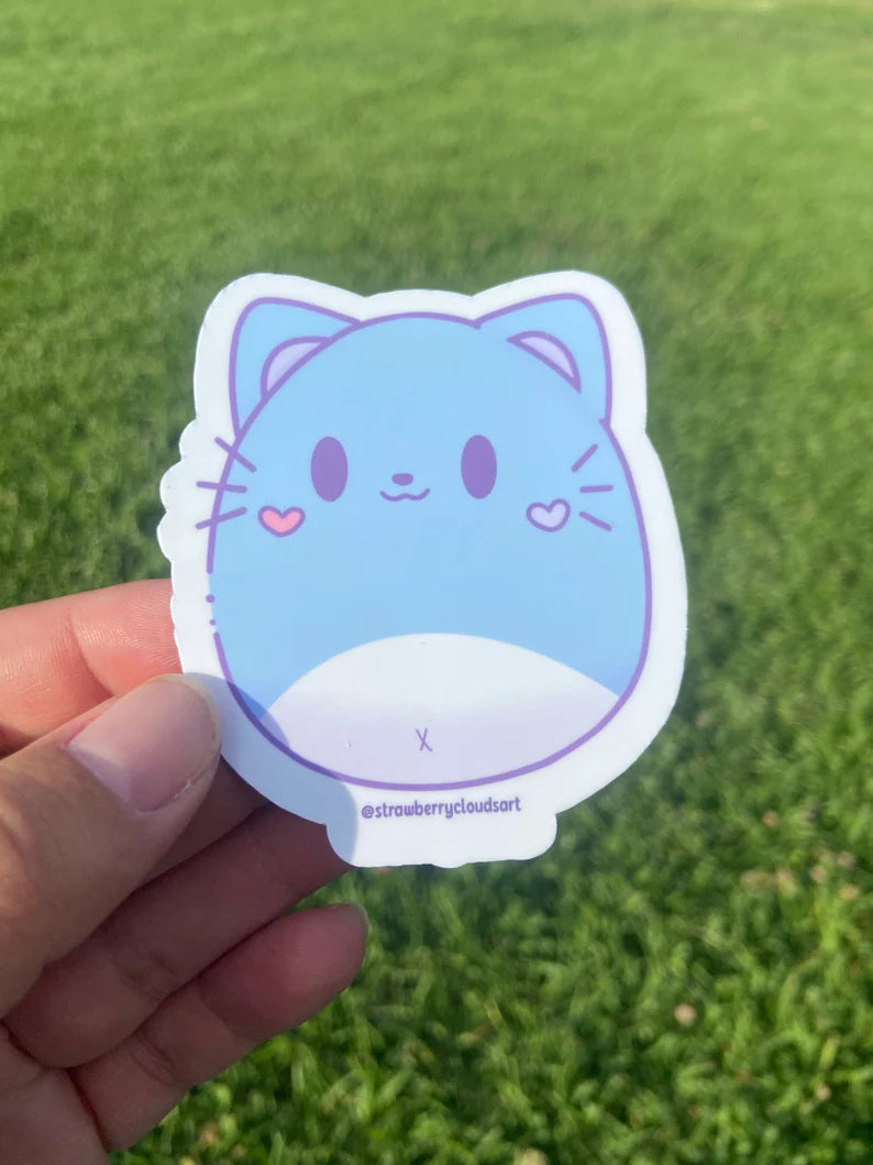 Blue Chubby Cat Sticker - Cute Cat Vinyl Sticker