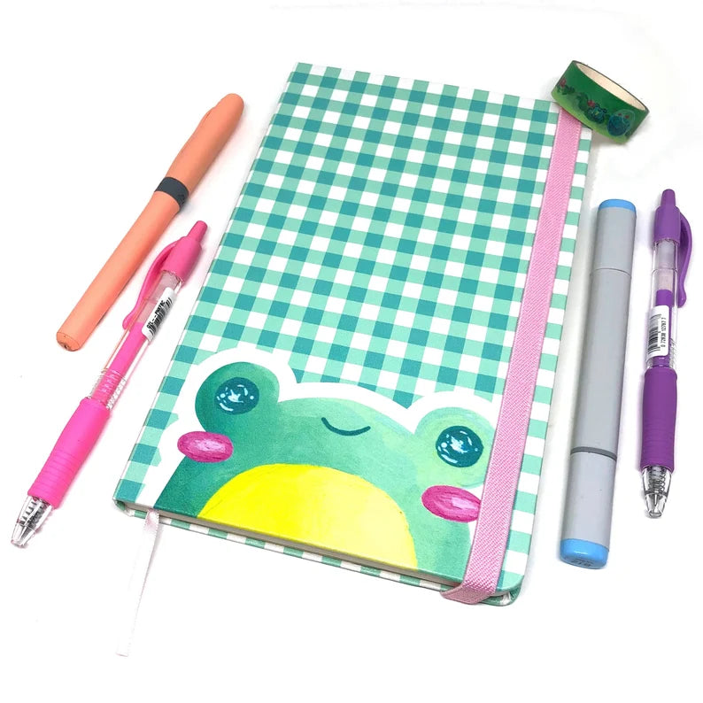 Froggy Hardcover Journal, A5 leatherette bullet journal, kawaii planner, green gingham notebook, cottagecore froggy, cute frog illustration