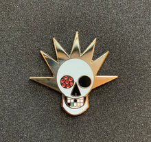 Load image into Gallery viewer, Pirate Skull Enamel Pin: Arr me mateys! Speciality hard enamel pin with red stones and gold plating 1.75&quot; Inspired by catholic relics
