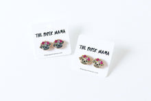 Load image into Gallery viewer, Dark Grey Pug Head Floral Wood Earrings - Studs
