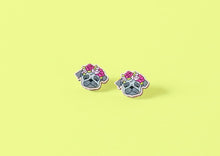 Load image into Gallery viewer, Dark Grey Pug Head Floral Wood Earrings - Studs
