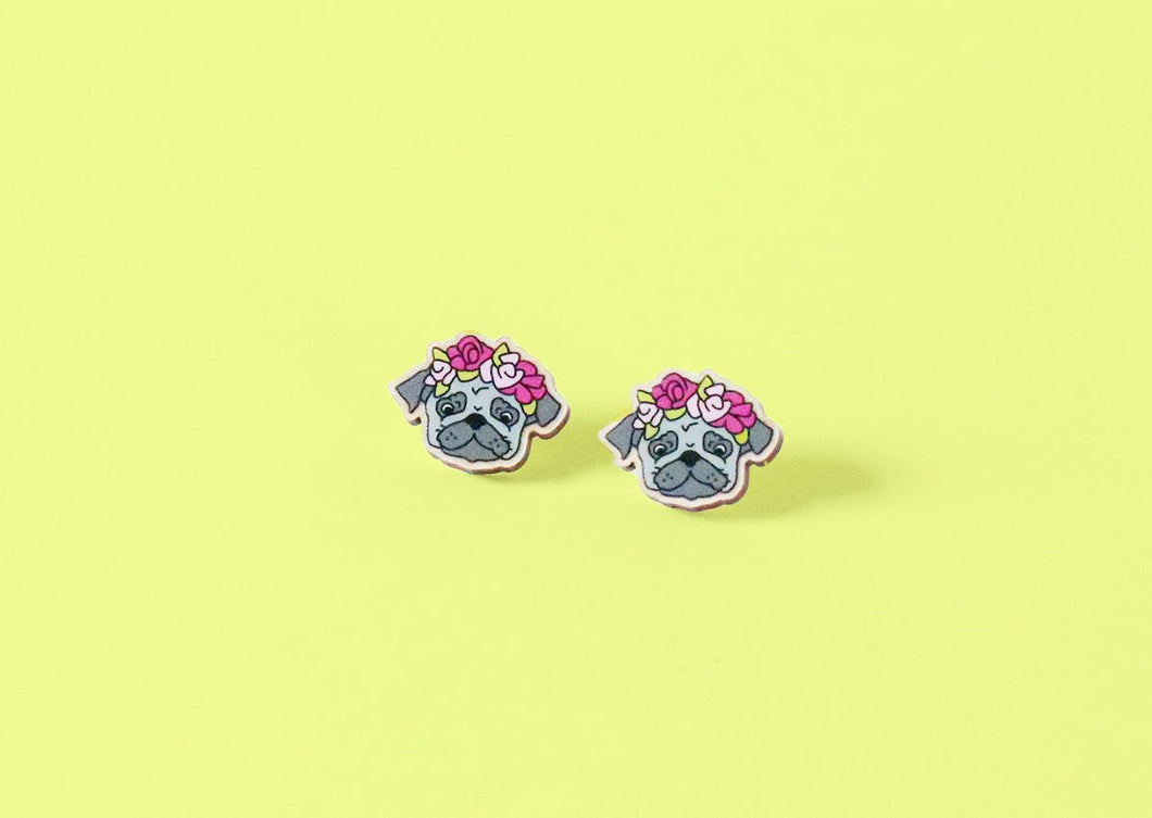 Dark Grey Pug Head Floral Wood Earrings - Studs