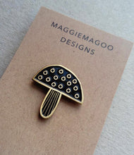 Load image into Gallery viewer, Toadstool and mushroom enamel pin brooch, black and gold metal
