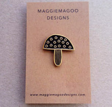Load image into Gallery viewer, Toadstool and mushroom enamel pin brooch, black and gold metal
