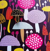 Load image into Gallery viewer, Toadstool and mushroom enamel pin brooch, black and gold metal
