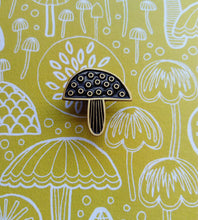 Load image into Gallery viewer, Toadstool and mushroom enamel pin brooch, black and gold metal
